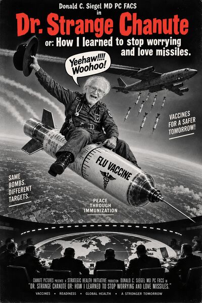 Dr. Strange Chanute — riding a flu vaccine missile