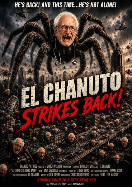 El Chanuto Strikes Back — giant spider-legged El Chanuto over a burning city